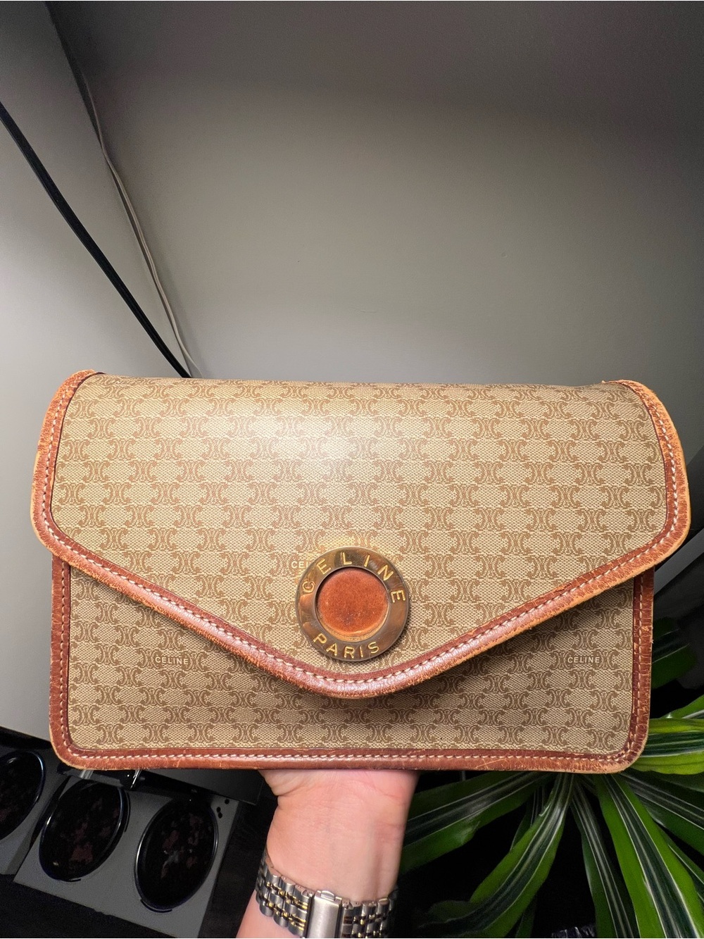 Vintage CELINE Macadam Monogram Envelope Clutch Brown Tan